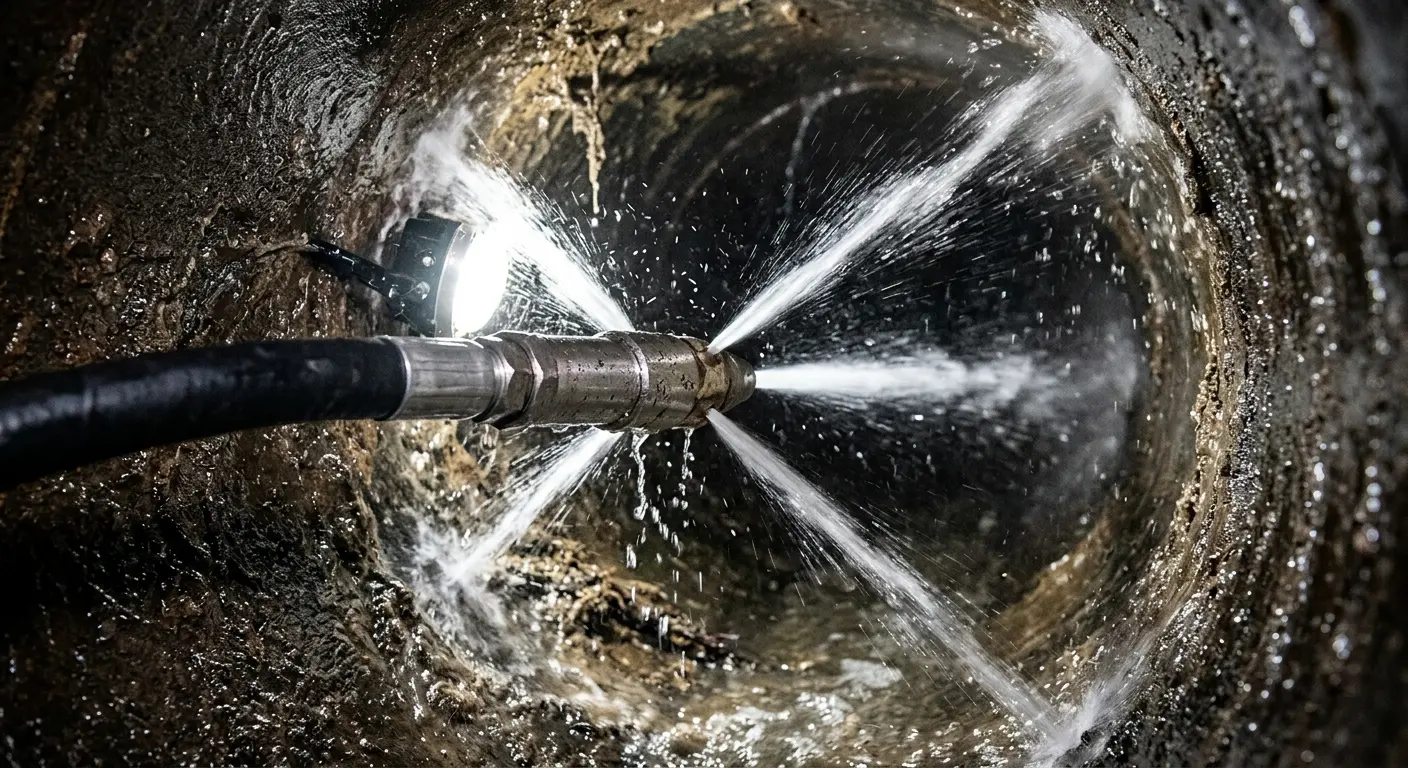 High-pressure hydro jetting nozzle cleaning sewer pipe for Trenchless Sewer Repair in Middletown